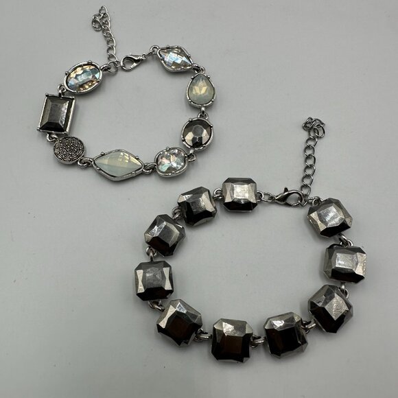 Lot of 2 Bracelets Silver Tone Faceted Rhinestone Link Adjustable Chain Clasp - Picture 4 of 10